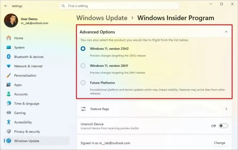 Windows 11 Insider programma mainās: jauni kanāli, funkciju karodziņi un reģistrācijas atjauninājumi